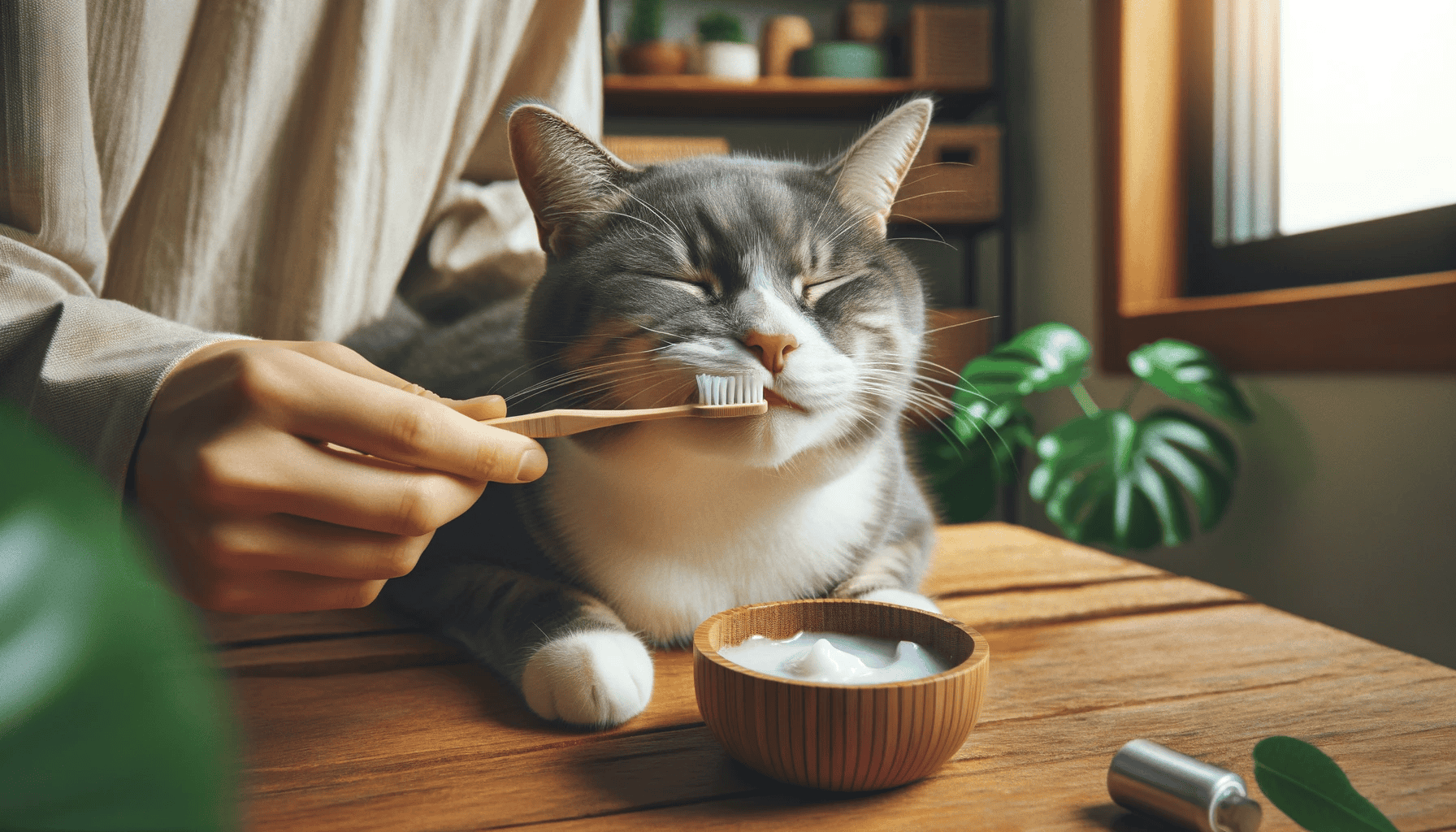 cat having its teeth brushed by its owner