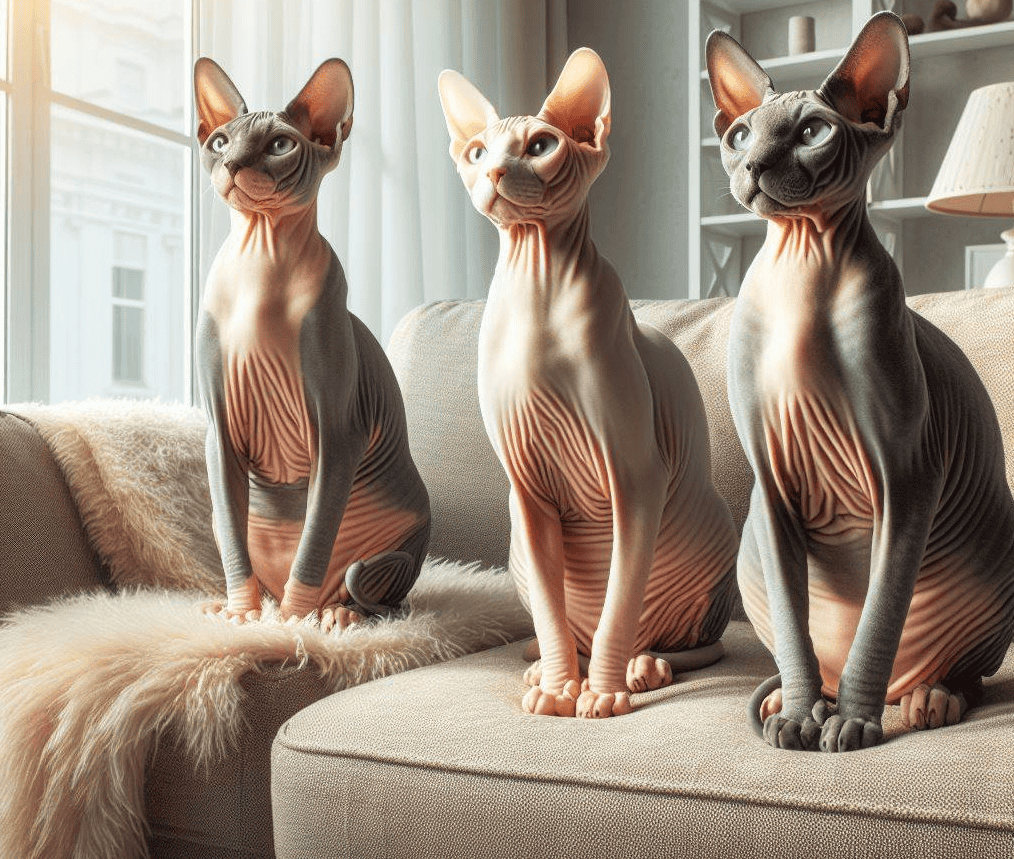 Sphynx cats sitting and crouching on a sofa