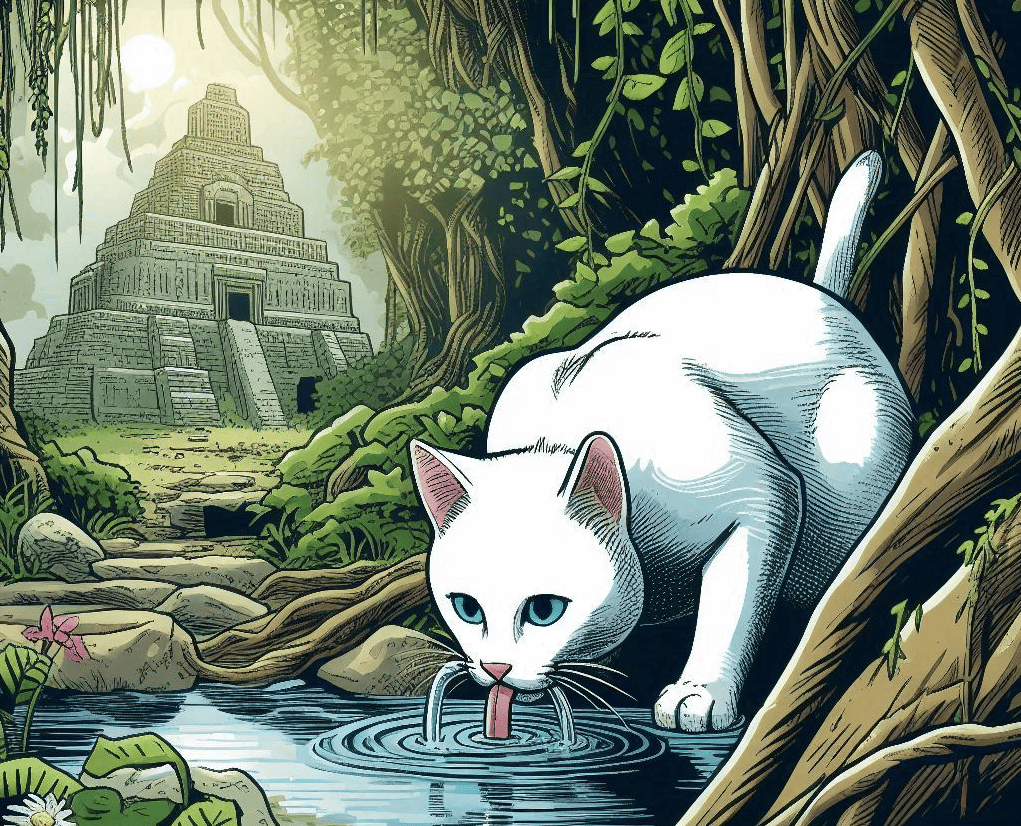 cat drinking in the wild in an ancient forest