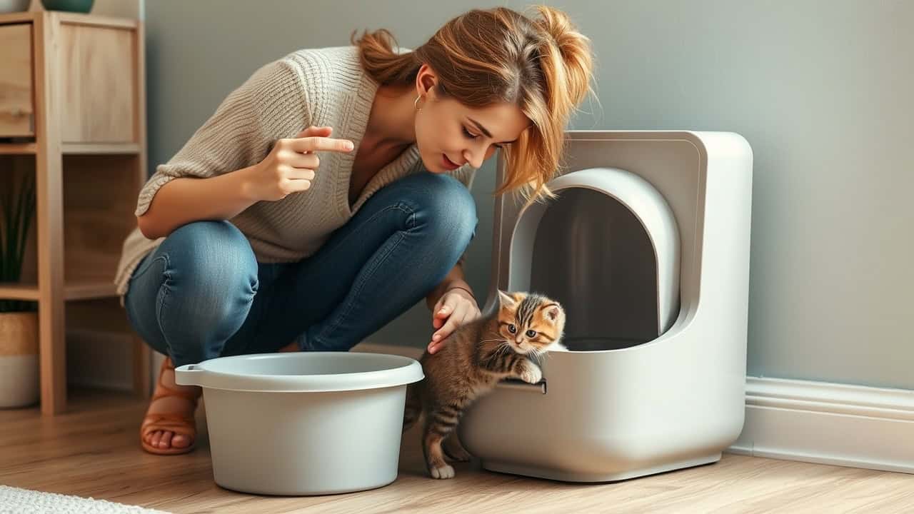 lady training her kitten to use litterbox