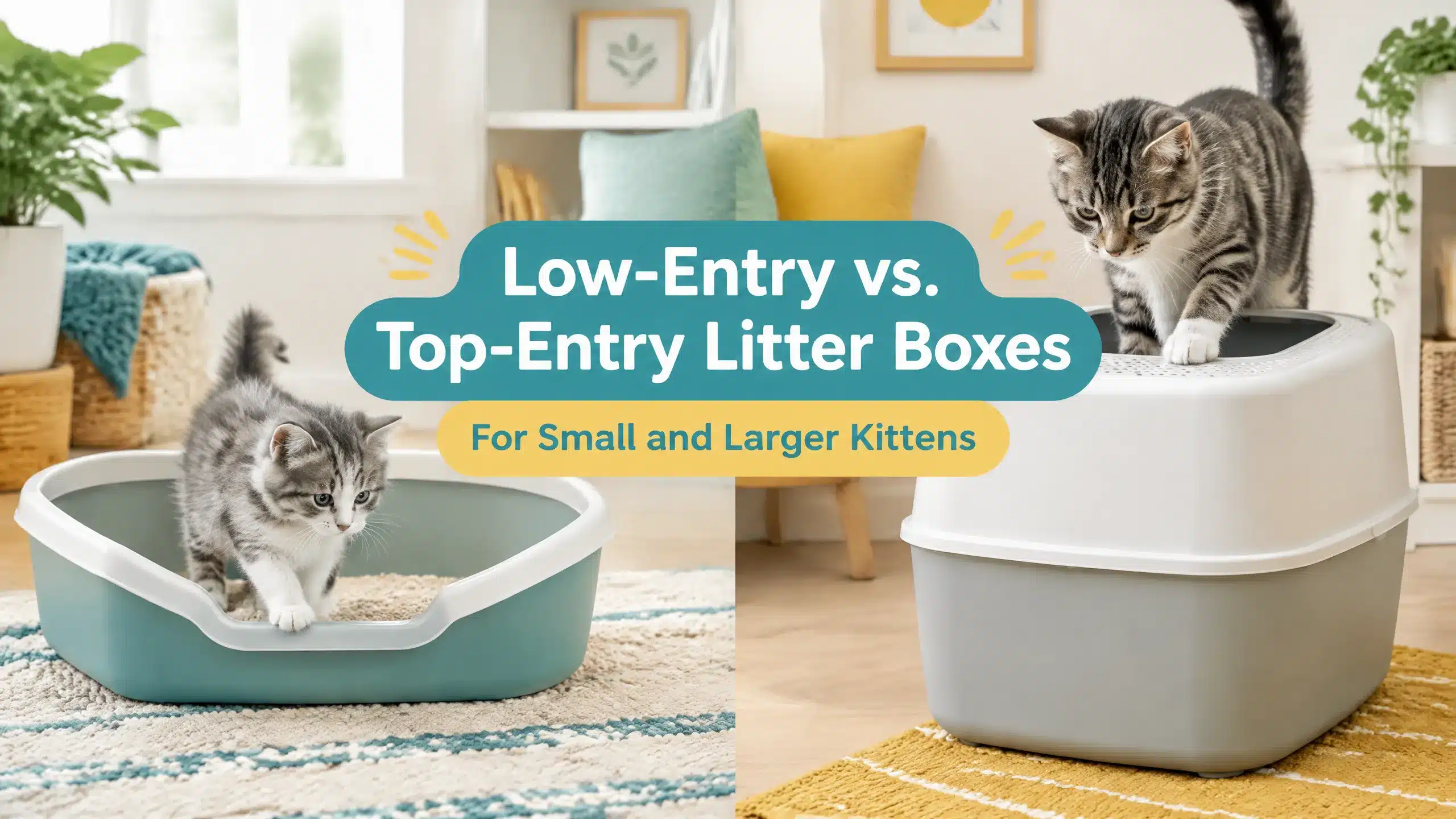 Comparison of a kitten using a low-entry litter box and a larger kitten using a top-entry litter box