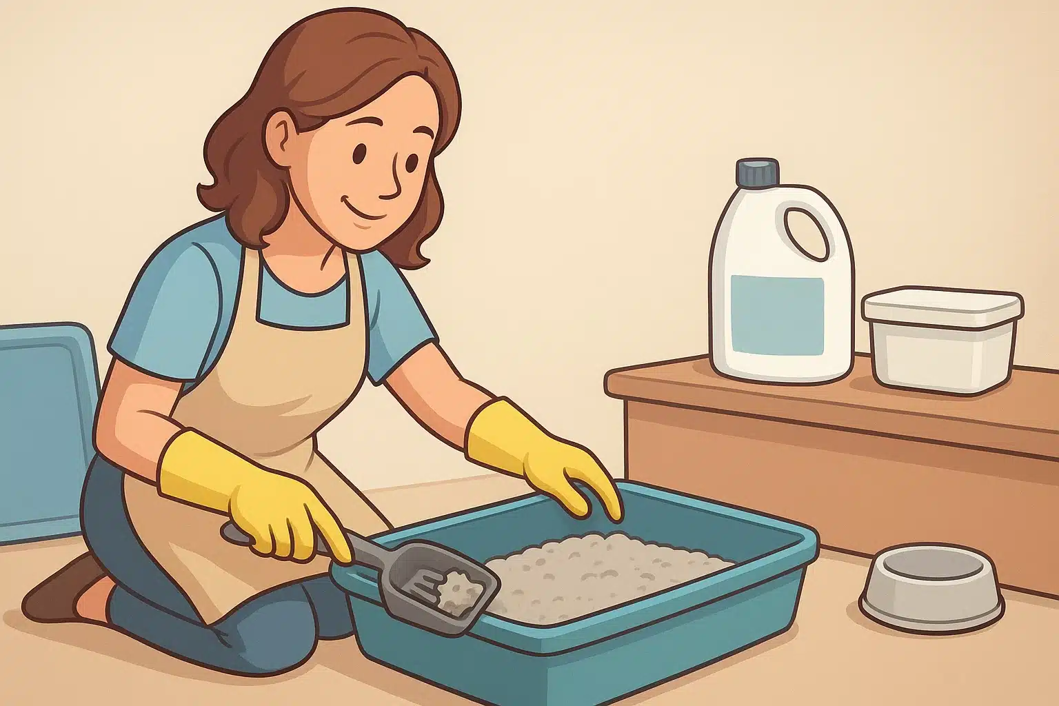 A caregiver scoops a kitten litter box beside unscented supplies