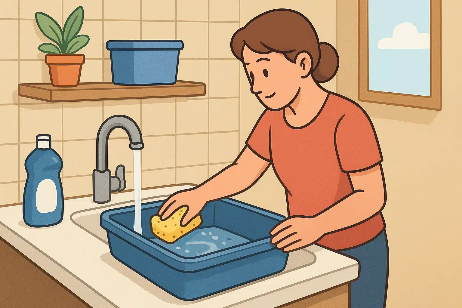 Scrubbing litter box in utility sink
