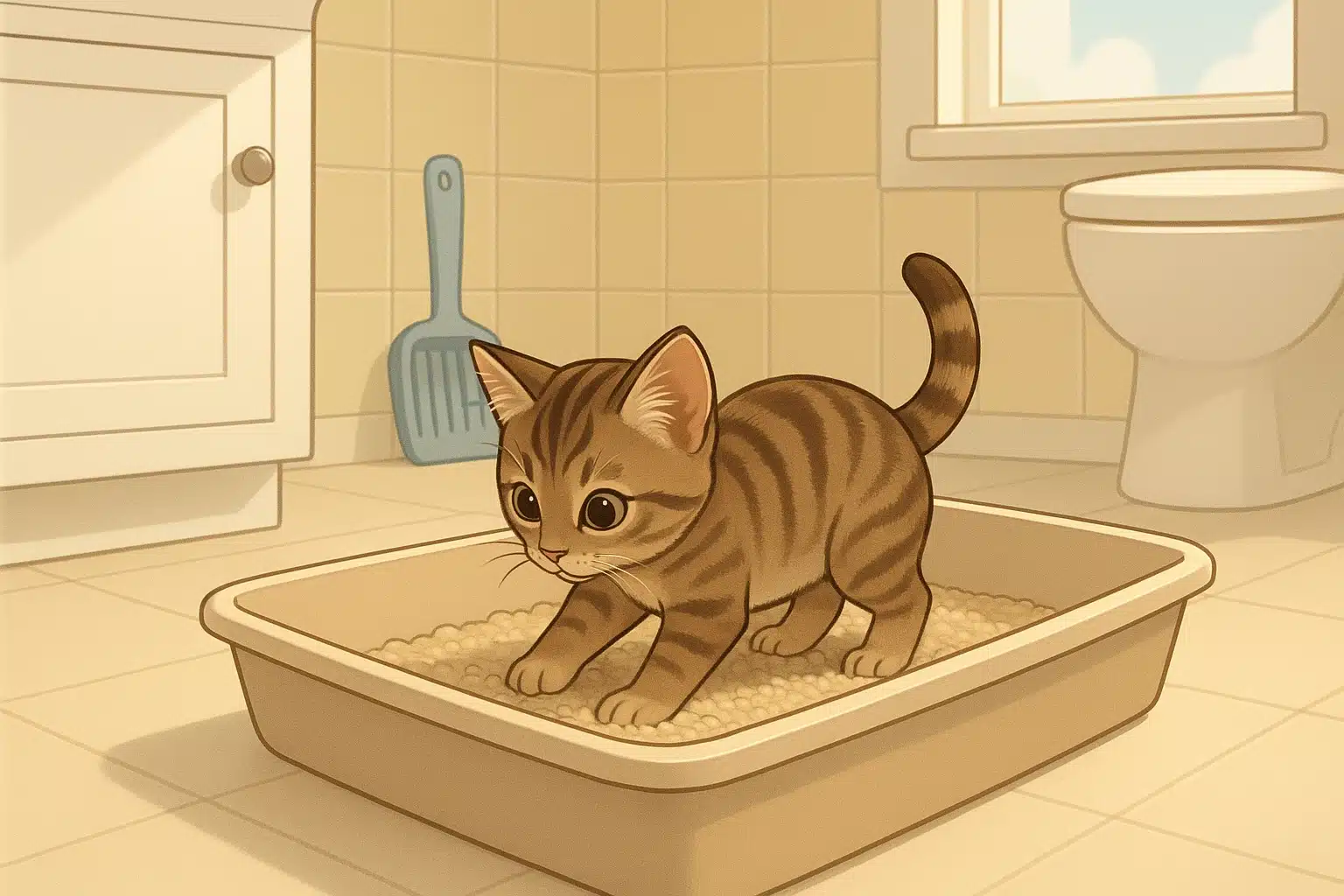 Curious kitten pawing shallow unscented litter