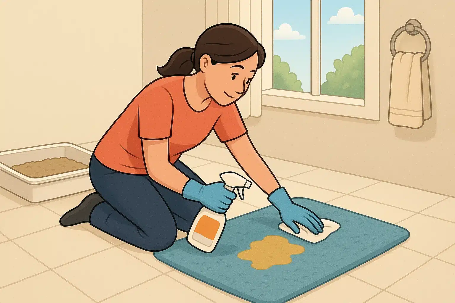 Blotting kitten urine from mat near open window