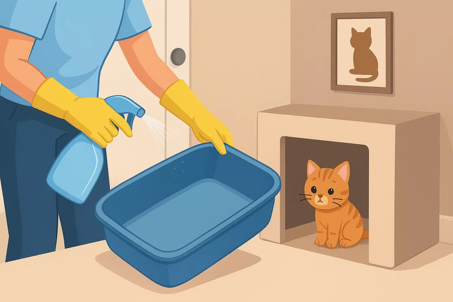 Gloved caregiver airing disinfected litter tray