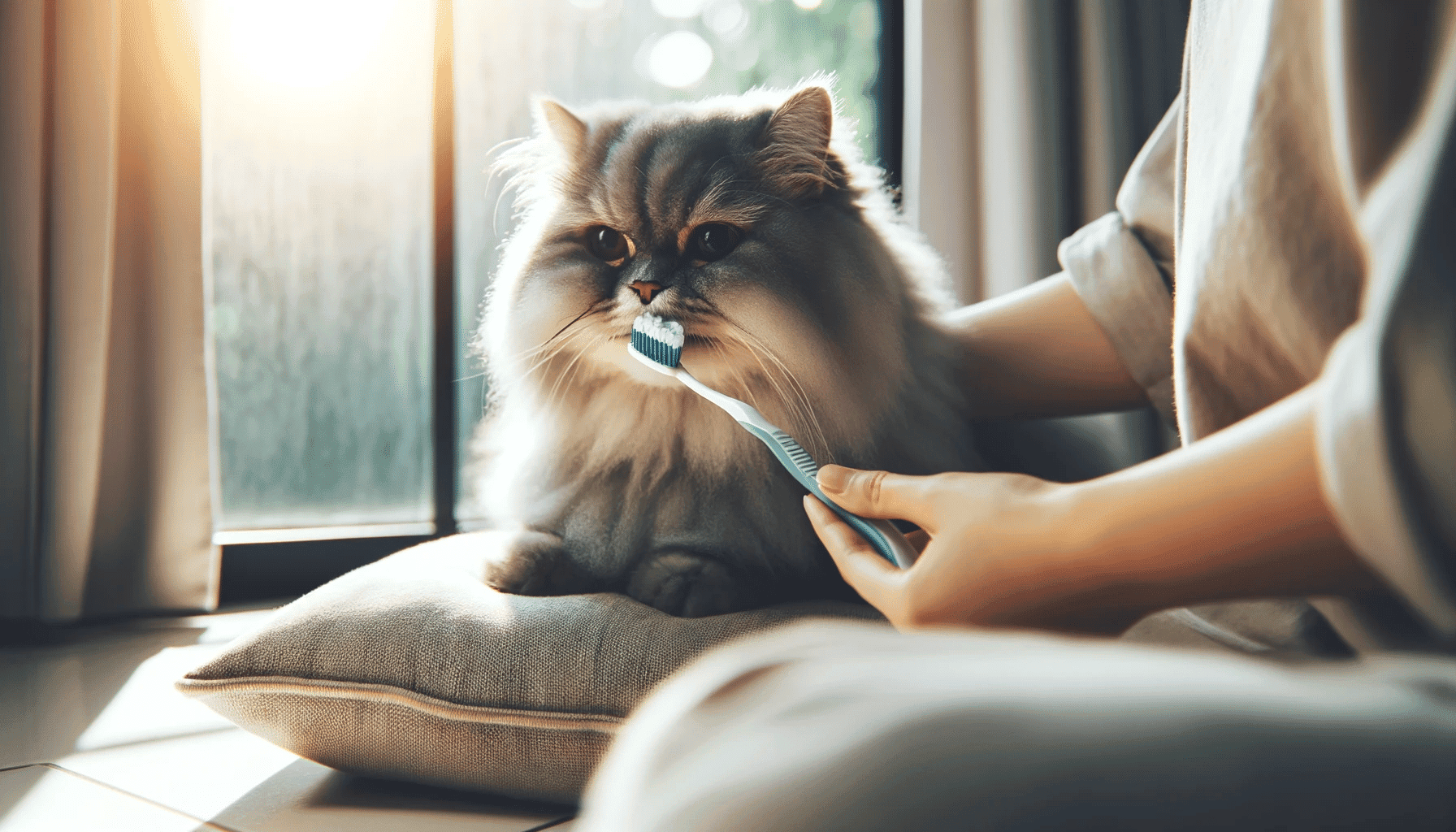 brushing the teeth of a cat