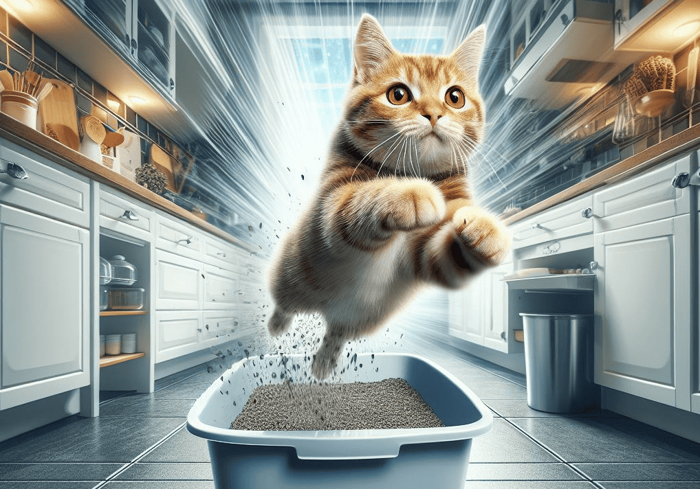 cat zooming out of the litterbox