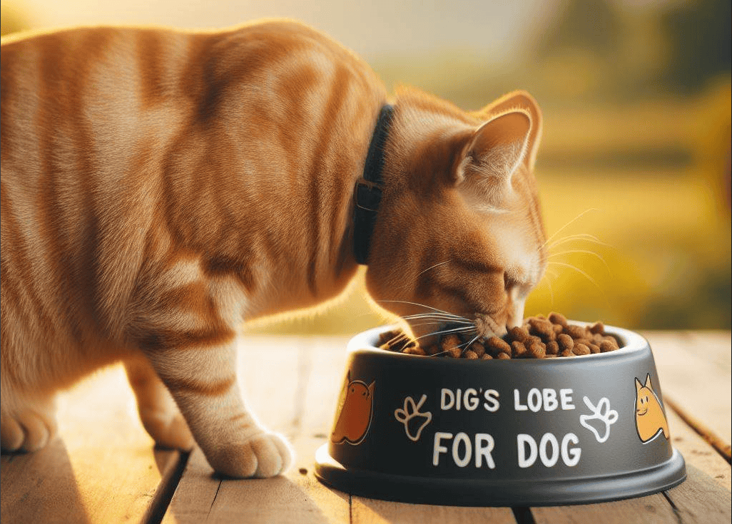 Cat eating dog food