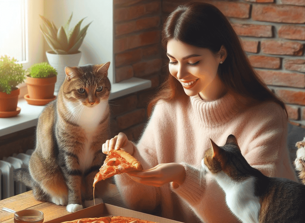 a lady feeding a pizza crust to her cats