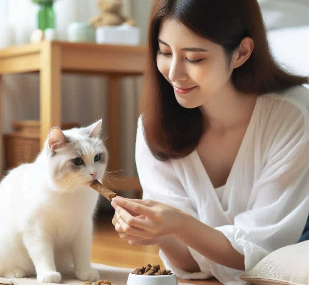 a lady feeding treats to her white cat with digestive health problem