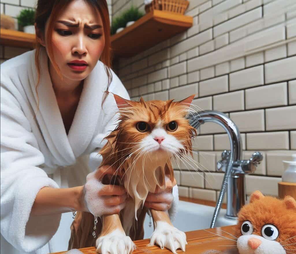 angry cat resisting a bath