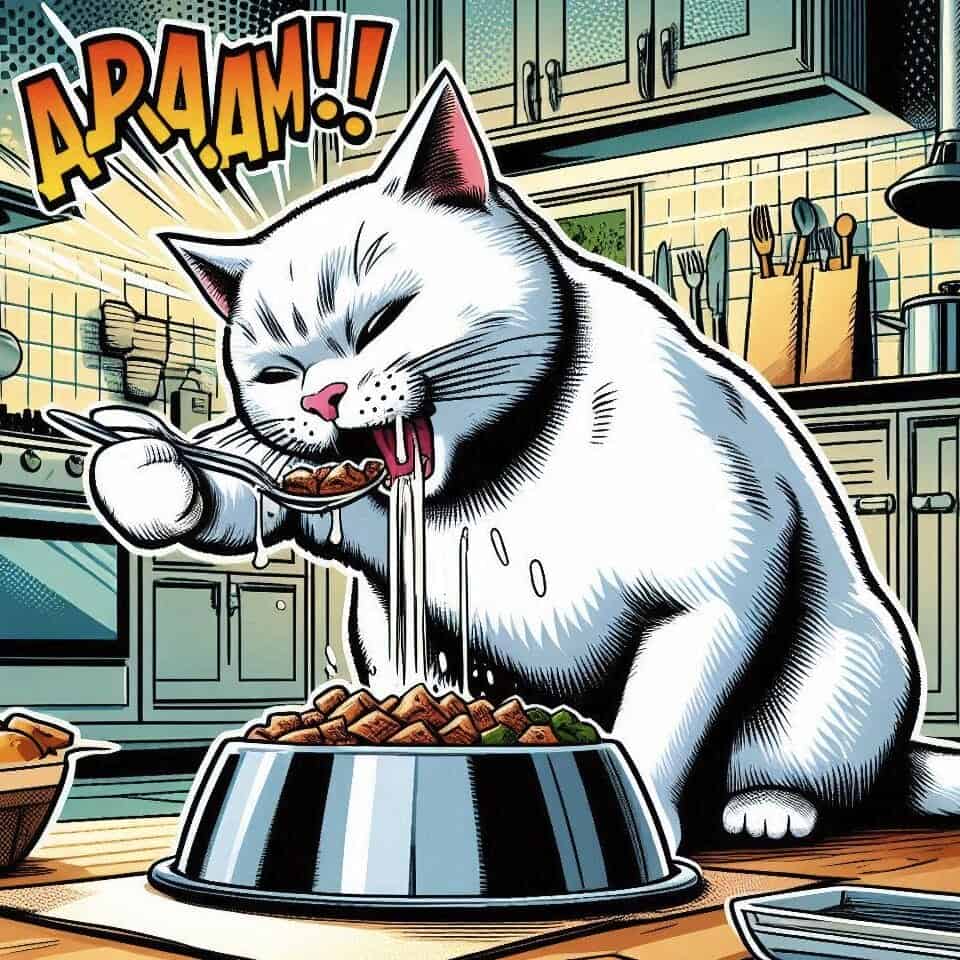 domestic cat eating from a stainless steel food bowl