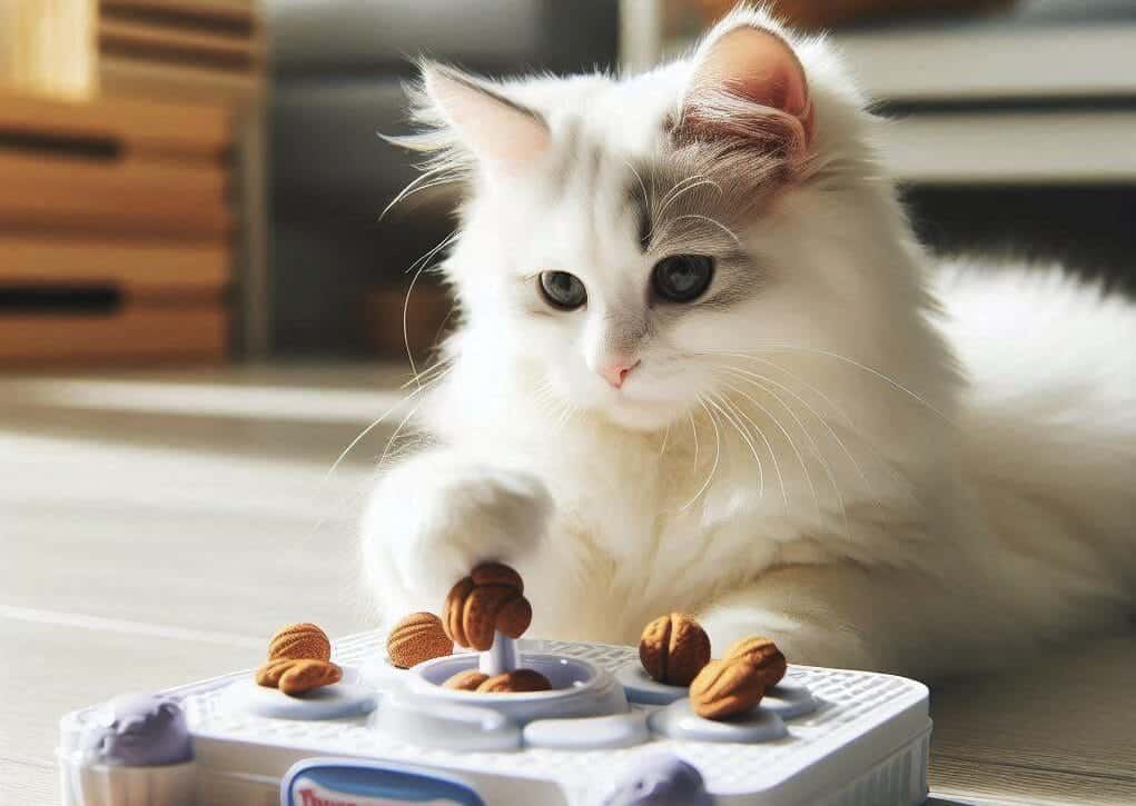 white cat playing with a cat Interactive Treat Toy