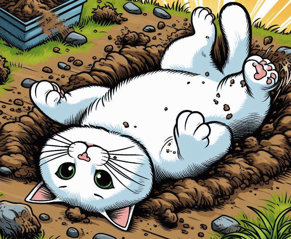 Cat rolling in mud