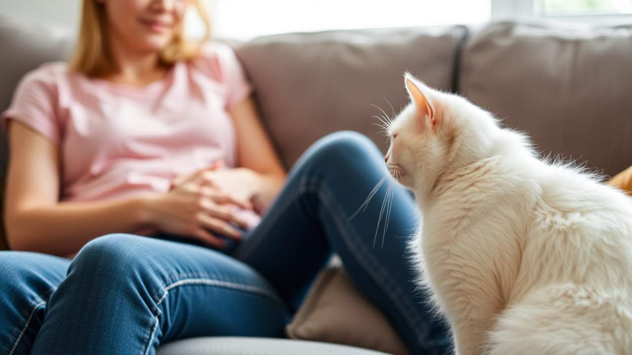 White cat staring at lady owner