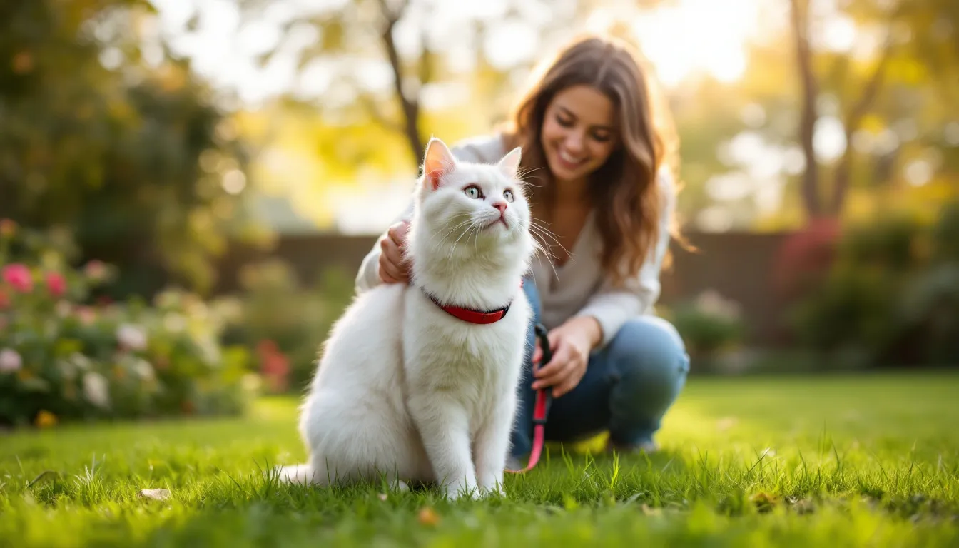 woman with her white cat in the backyard