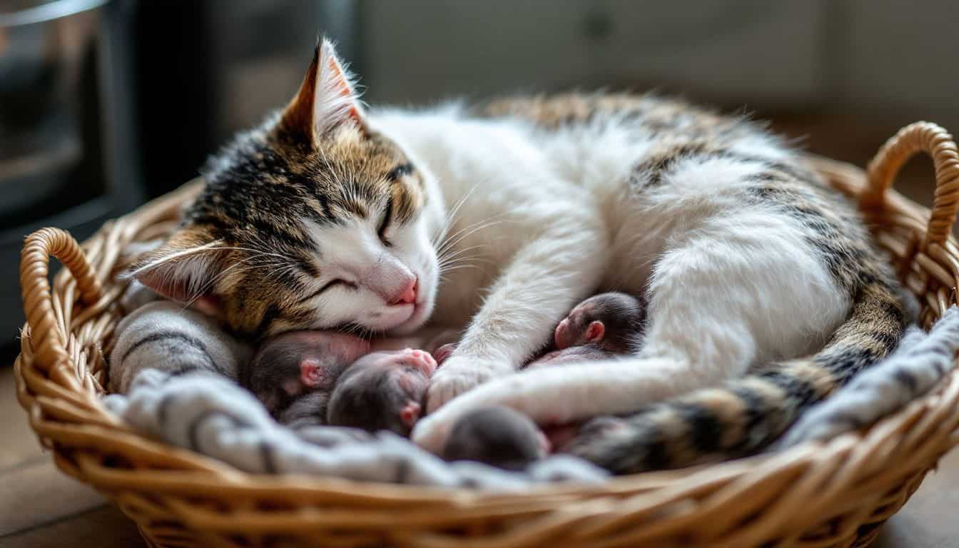 Post labor of a female tabby cat